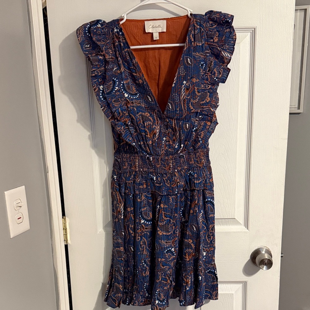 Cleobella Navy and Rust Paisley Ruffle Mini Dress